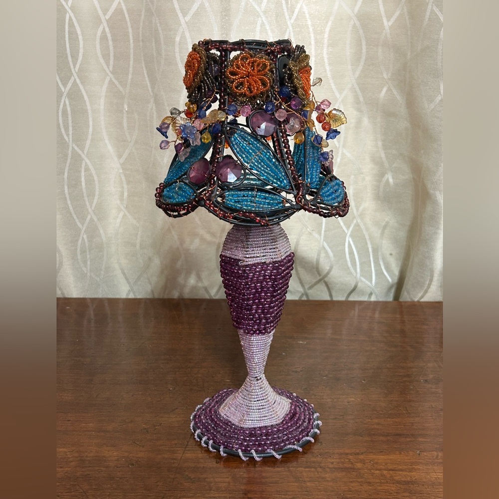 VTG Artistic Beaded Crystal Tea Light Candle Holder Purple and violet base